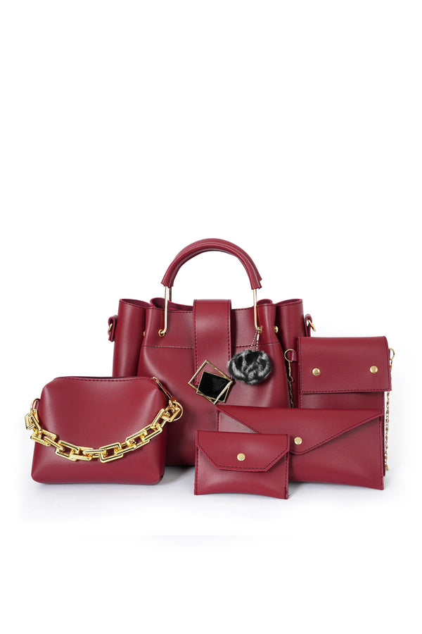 PRADISE 5 Pcs PU Leather Handbag Set, Stylish Lock & Wallets, for Women (Maroon)