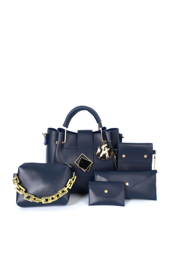 PRADISE 5 Pcs PU Leather Handbag Set, Stylish Lock & Wallets, for Women (Blue)